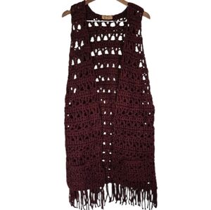 Hooks & Needles Hand Crafted Hippie Crochet Long Vest With Fringe Medium